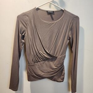 Express Taupe Metallic Long Sleeve Draped Wrap-Front Top Sz XS